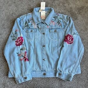 Johnny Was Light Blue Denim Jacket with Pink Floral Embroidery